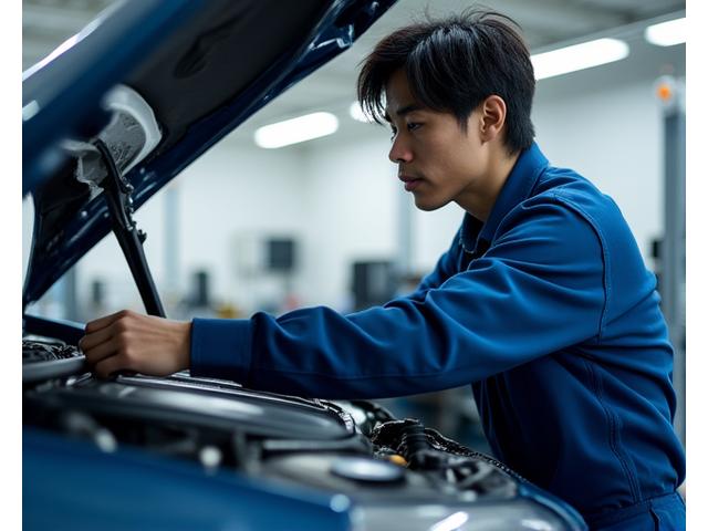 整備士が最先端の整備工場で清潔な高性能車両を慎重に点検している様子。プロフェッショナリズムと細部への注意を強調。