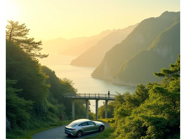 美しい日本の風景の中に電気自動車や充電ステーションが自然に溶け込んでいる様子。持続可能性とクリーンエネルギーを象徴。