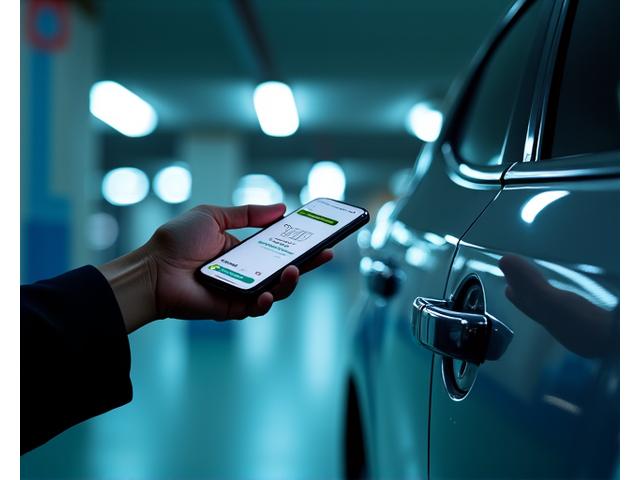 スマートフォンと車両のドアロックが非接触で連携し、無人で車両が解錠される様子。QRコードやNFCスキャンが強調されている。