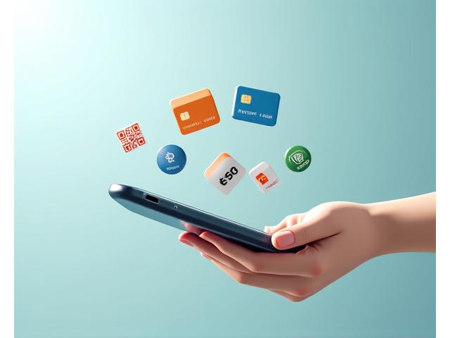 スマートフォンに表示された複数のデジタル決済アイコン（クレジットカード、電子マネー、QR決済など）のコラージュが、安全な取引を連想させるように配置されている。