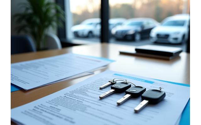 月単位の契約書と様々な車両の鍵が置かれたオフィスの机