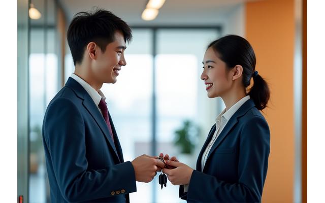 笑顔でキーを交換する若い会社員