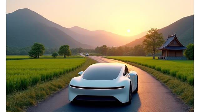 日本の美しい自然の中を走る最新の白い電気自動車
