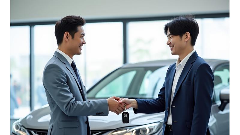 店舗での車両受け取りと返却の手順を示すスタッフとお客様