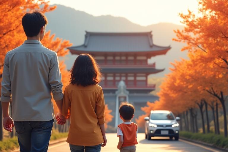 日本の美しい観光地を運転する家族