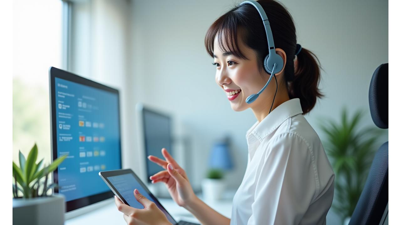 親切なカスタマーサービス担当者が電話で対応している様子
