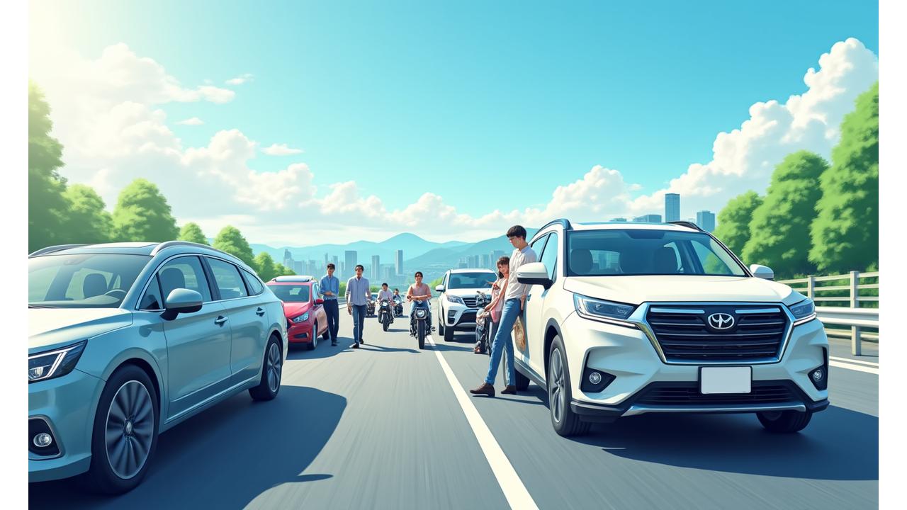 日本の都市背景を走る多様なレンタル車両、ビジネスマンや観光客が笑顔で利用している様子