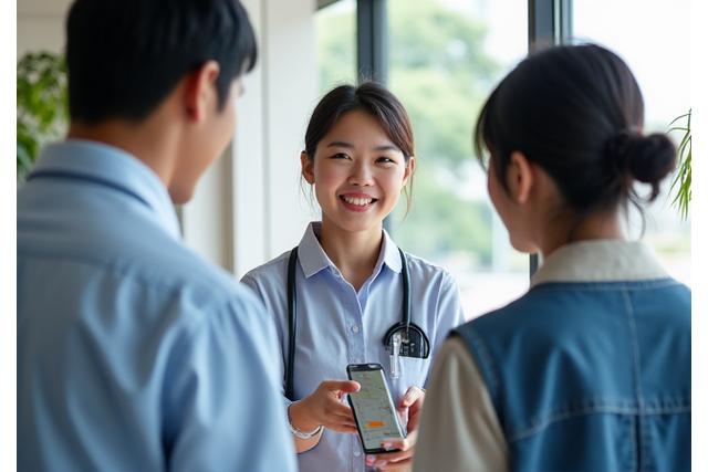 外国人が日本の観光地でスマートフォンを見ながらレンタルカーの鍵を受け取っている様子