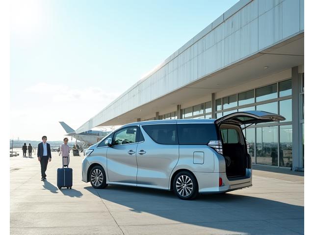空港のターミナル前で待機する広々としたレンタカー
