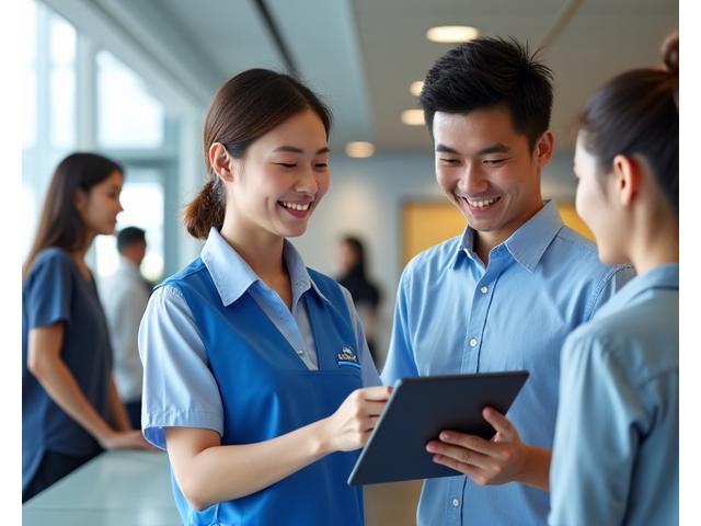 多言語対応のスタッフが外国人旅行者に親切に説明している様子