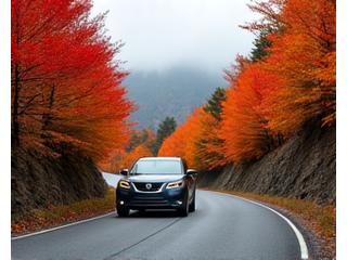 紅葉に染まった山道を走るレンタカー