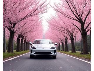 満開の桜並木を走るレンタカー