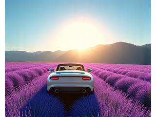 夏の北海道のラベンダー畑を走るレンタカー