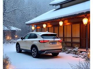 雪景色の中の温泉地へ向かうレンタカー